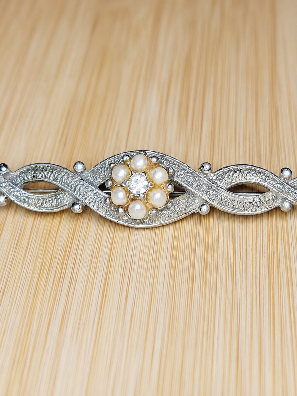 Vintage Signed Emmons Faux Pearl Rhinestone Bar Brooch Silver Tone 2.25"